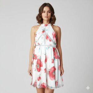 Two Sisters Floral Halter Mini Dress Size Large Boho Chic Chiffon Formal Wedding